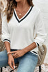 Preppy Waffle Knit V Neck Striped Trim Long Sleeve Top